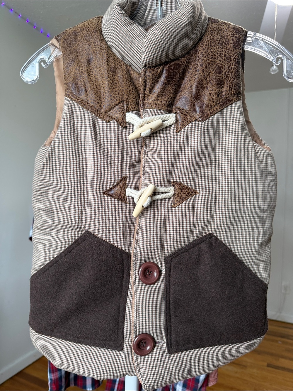 Zara Kids Vintage Western Toggle Puffer Vest - Houndstooth & Faux Leather